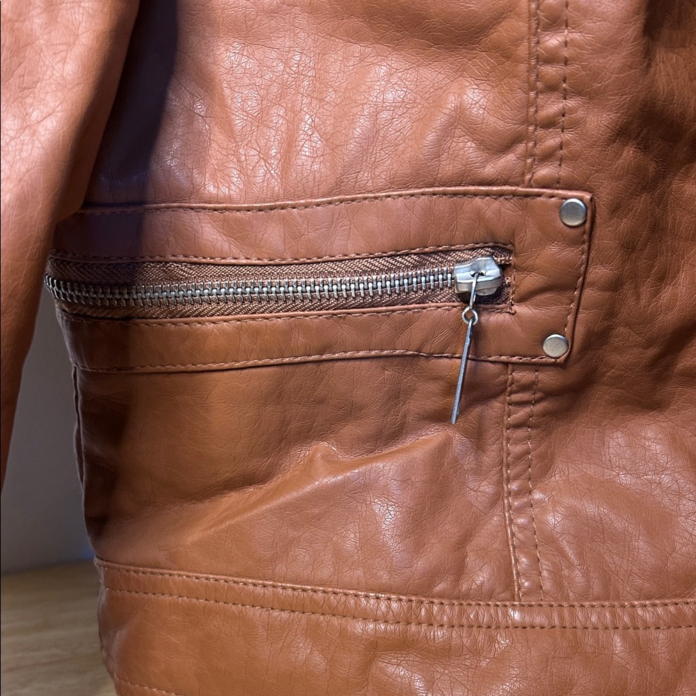 Arden B Tan Leather like Bomber Jacket - Picture 5 of 6